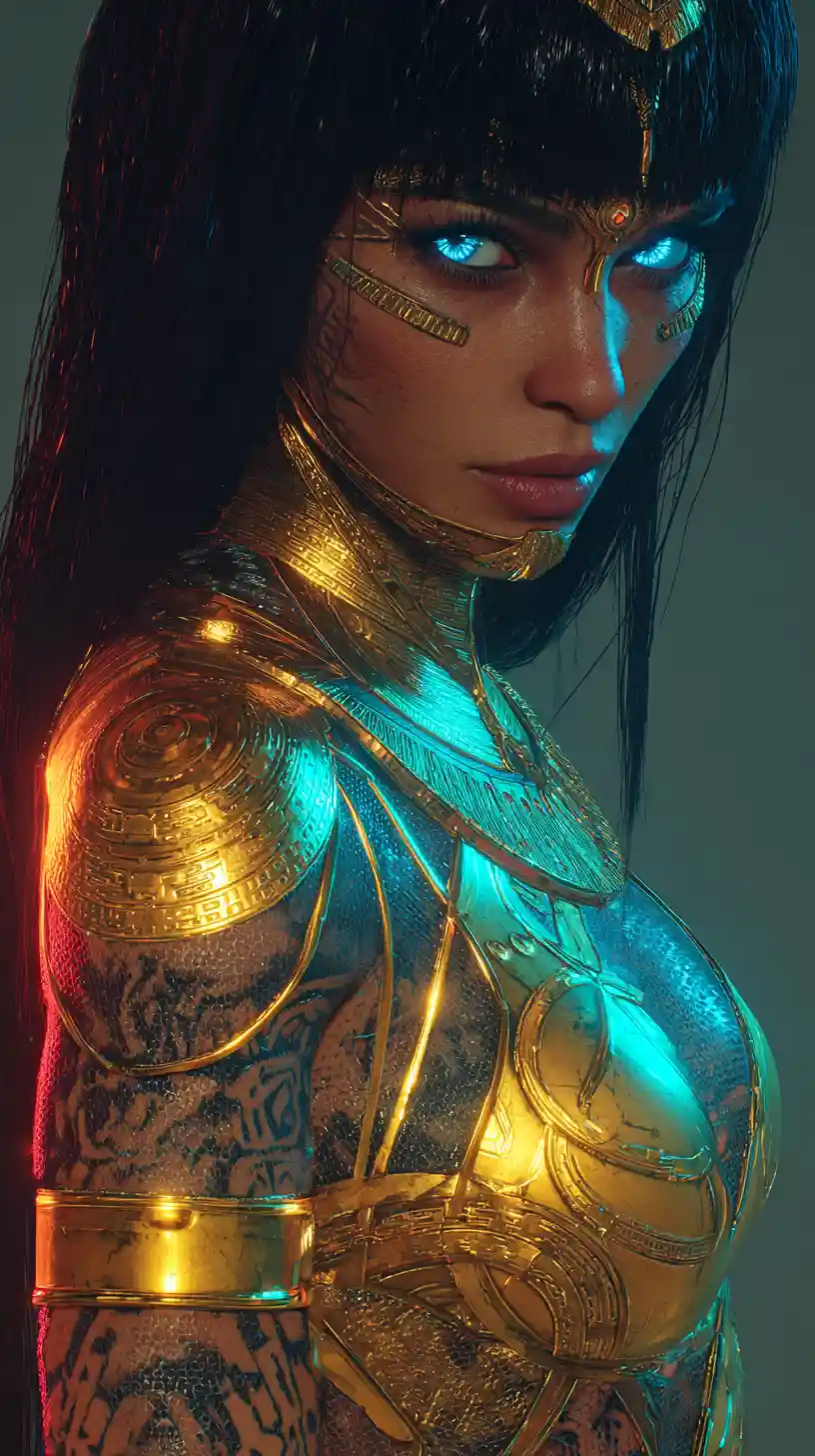 Diosa guerrera árabe de ciencia ficción con armadura biomecánica dorada