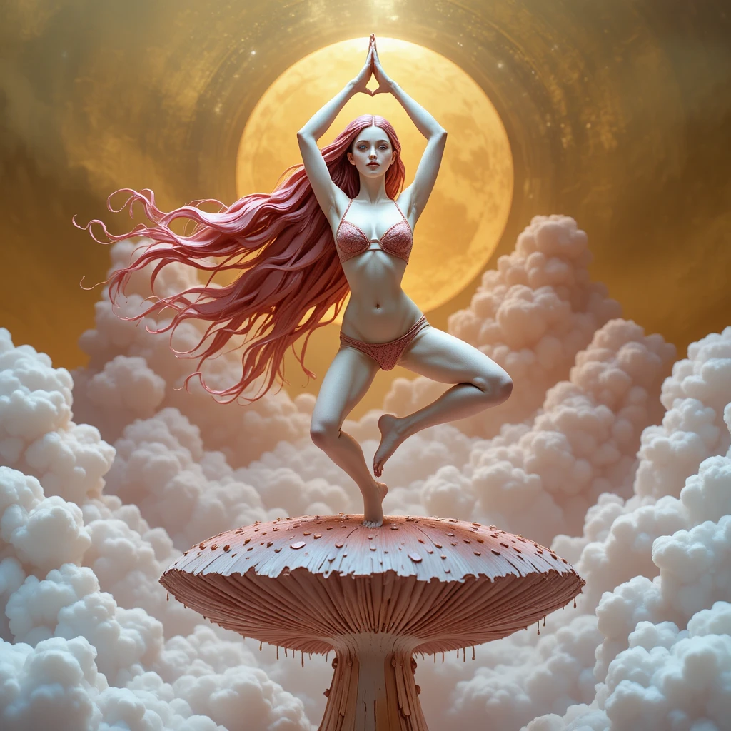 Girl statue doing yoga on a psychedelic floating mushroom