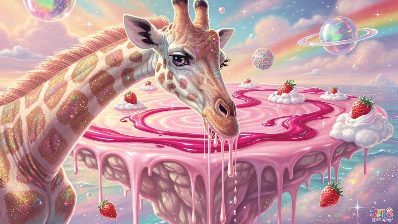 Girafe surréaliste buvant dans un océan flottant de lait à la fraise