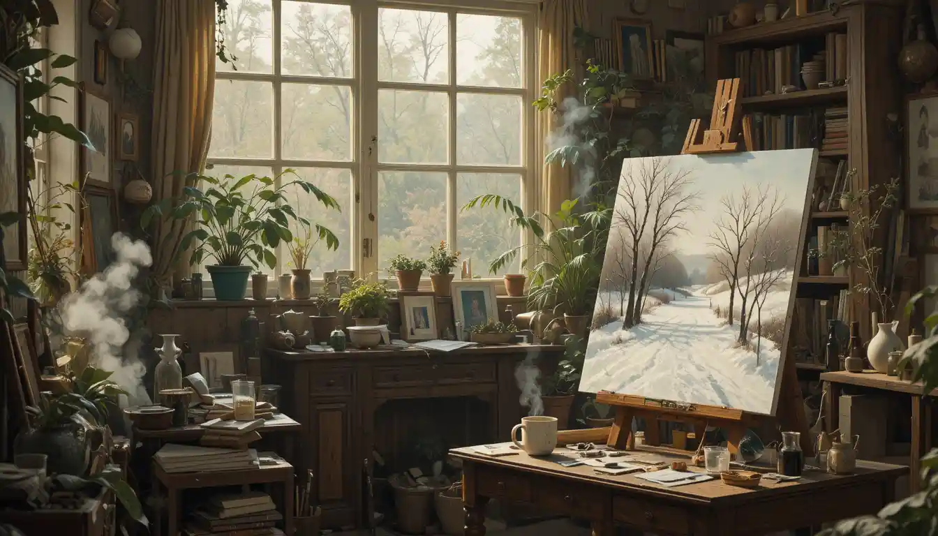 Cozy Artist Studio With Winter Landscape On Easel