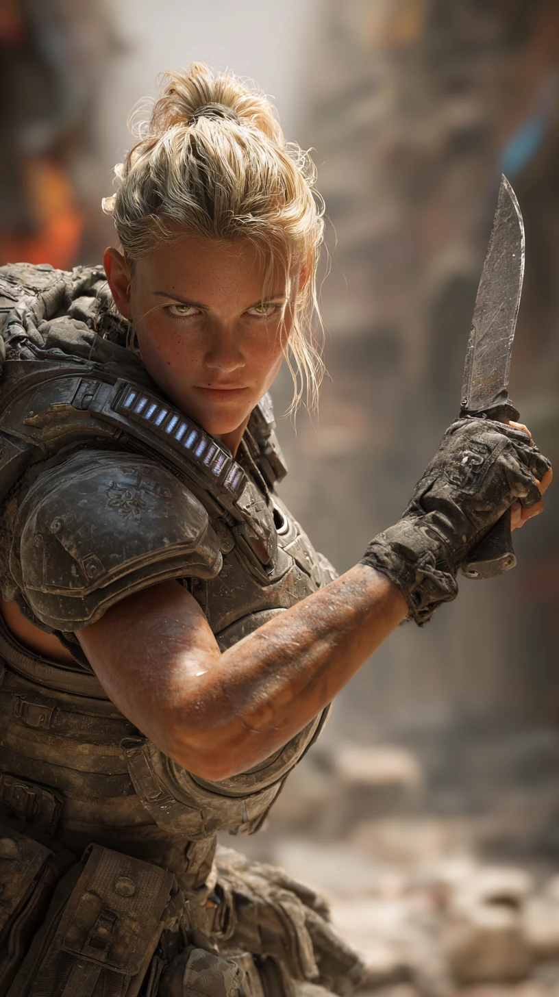 Armed female commando in ruined city with knife ready
