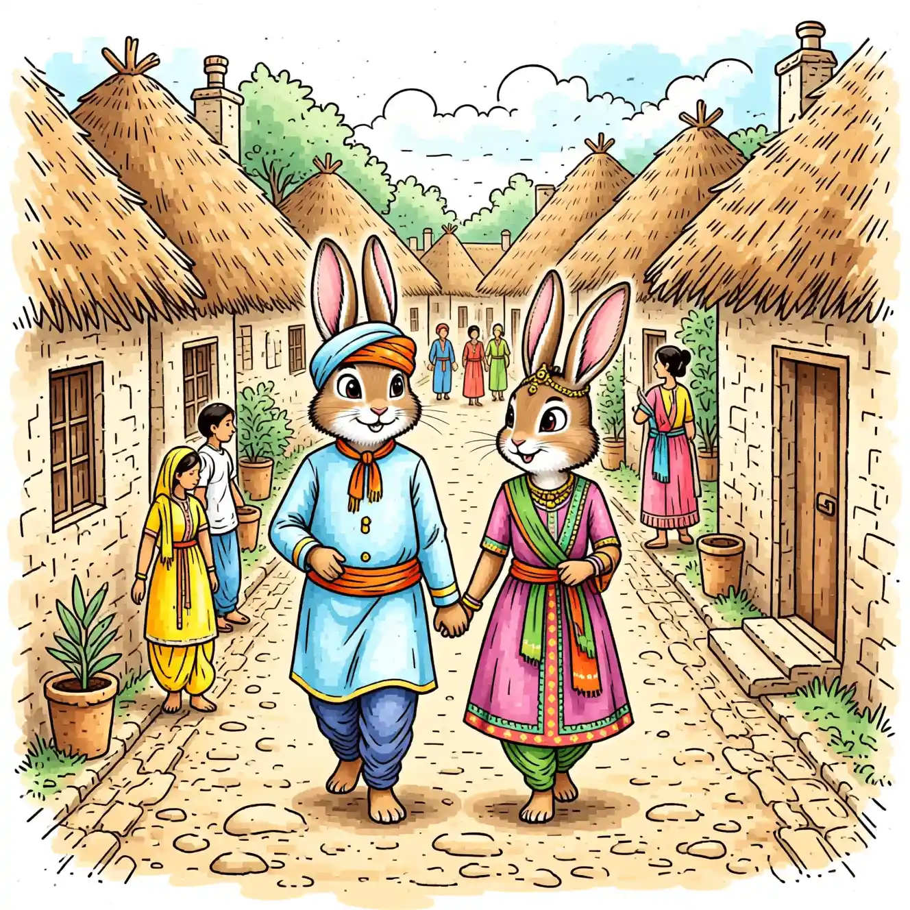 Casal de coelhos caminhando por uma rua rústica de vila