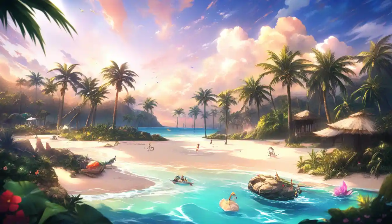 Aventureros de cómic explorando un paraíso en una isla tropical