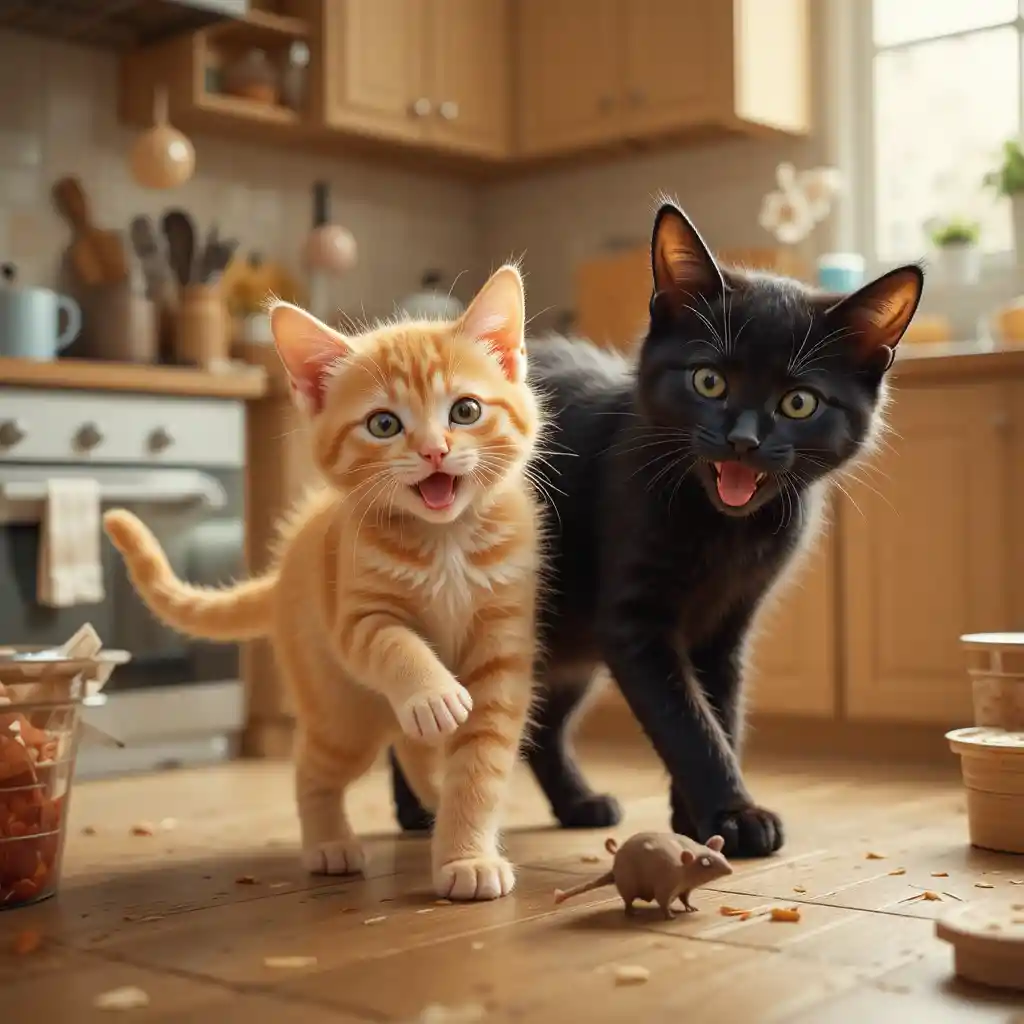 Playful kitten and black cat playing in a cozy kitchen