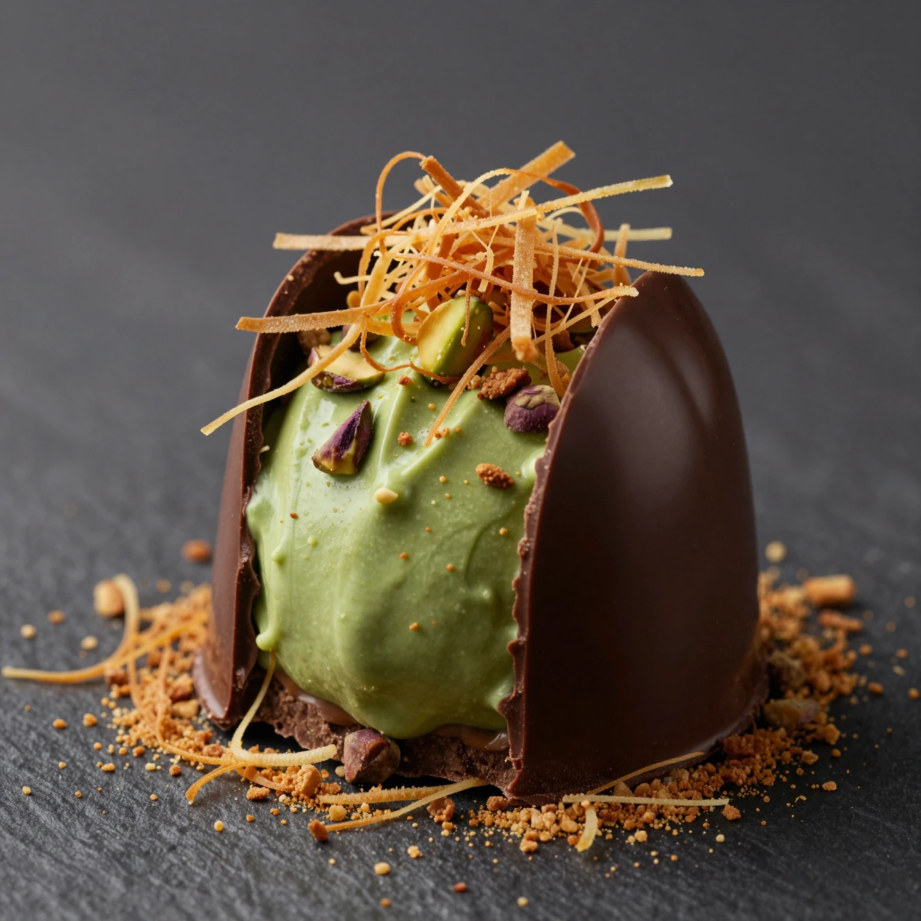 Lussuoso dessert al cioccolato con crema al pistacchio e scaglie di pasta croccante