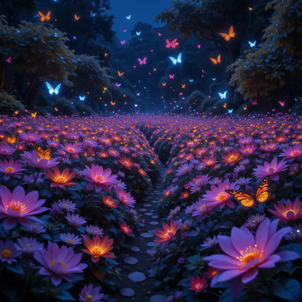 Farfalle al Neon Luminescenti su un Campo di Fiori Notturno