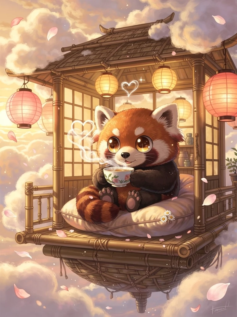 Dolce panda rosso che sorseggia tè in una casa da tè di bambù fluttuante