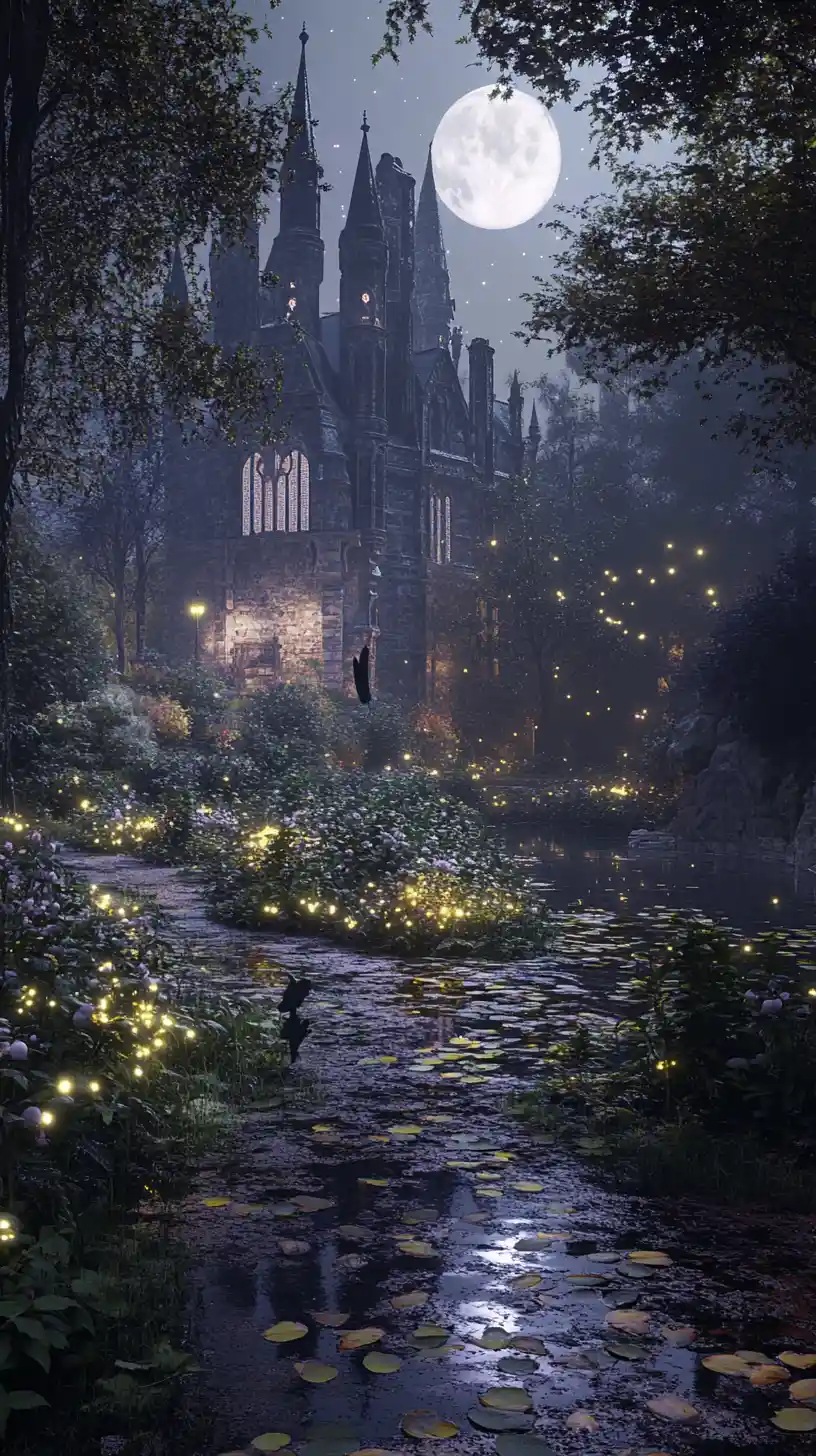 Stagno di giardino selvaggio al chiaro di luna davanti a un antico castello