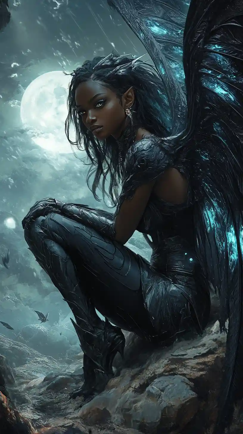 Dark armored fairy crouching on rocks under full moon