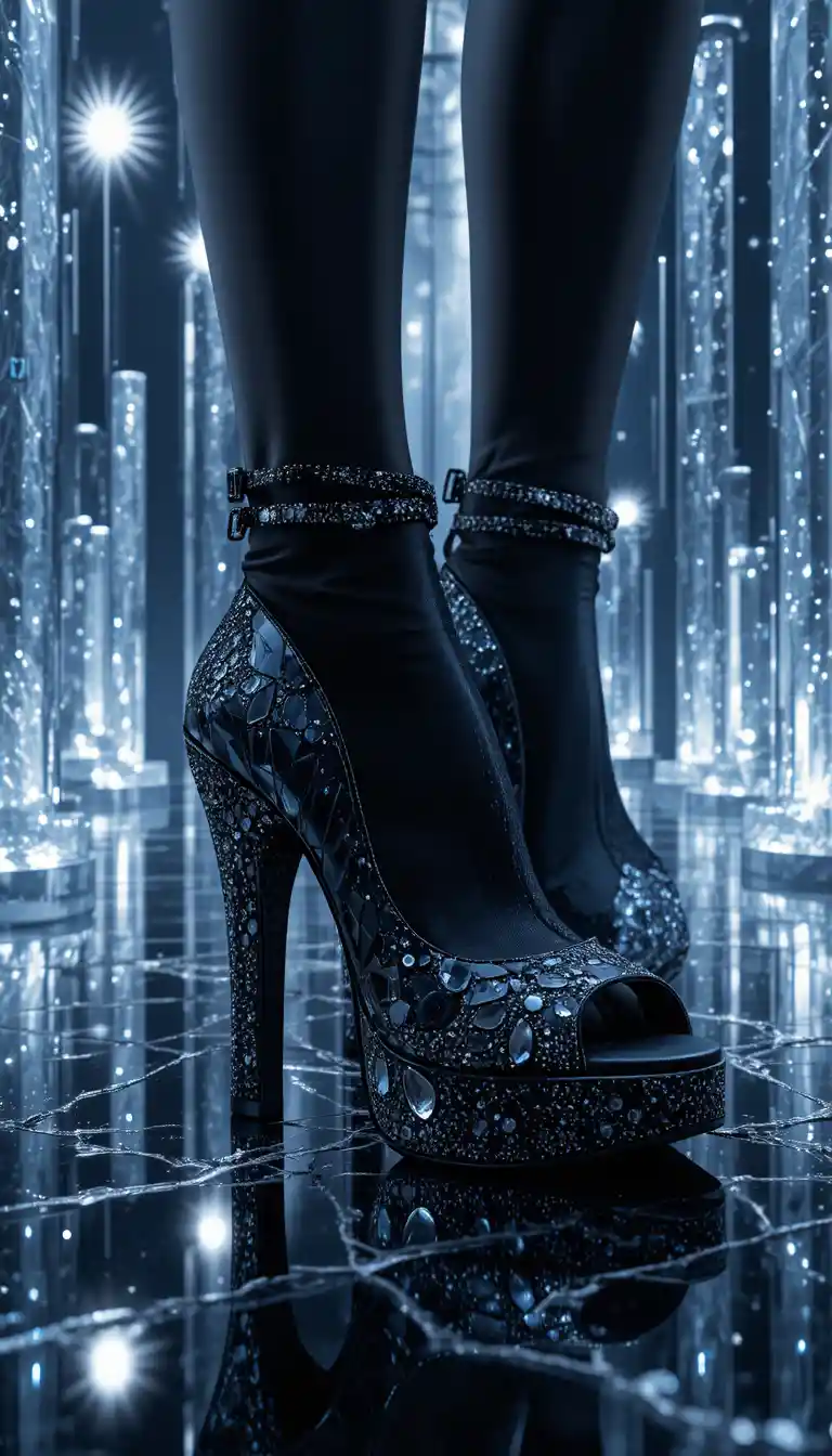 Black and silver crystal high heels on reflective marble