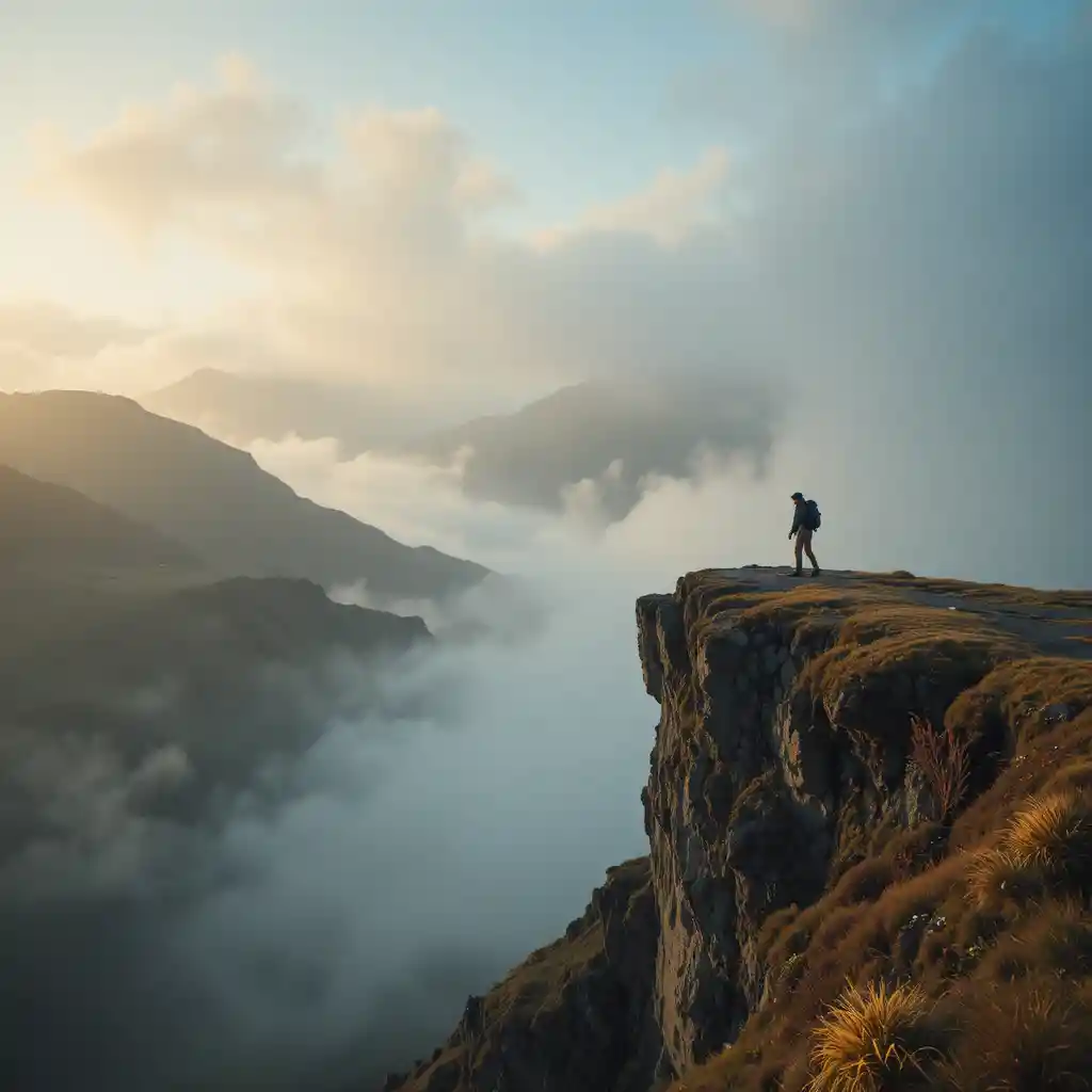 Lone hiker on cliff in foggy highland sunset