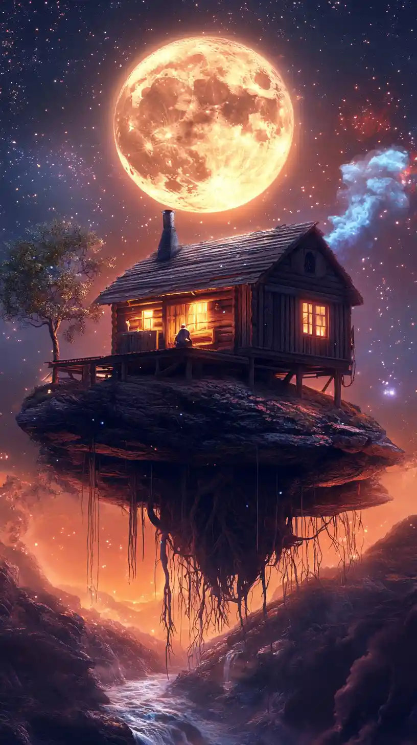 Rustikale Hütte im All unter einem leuchtenden Mond