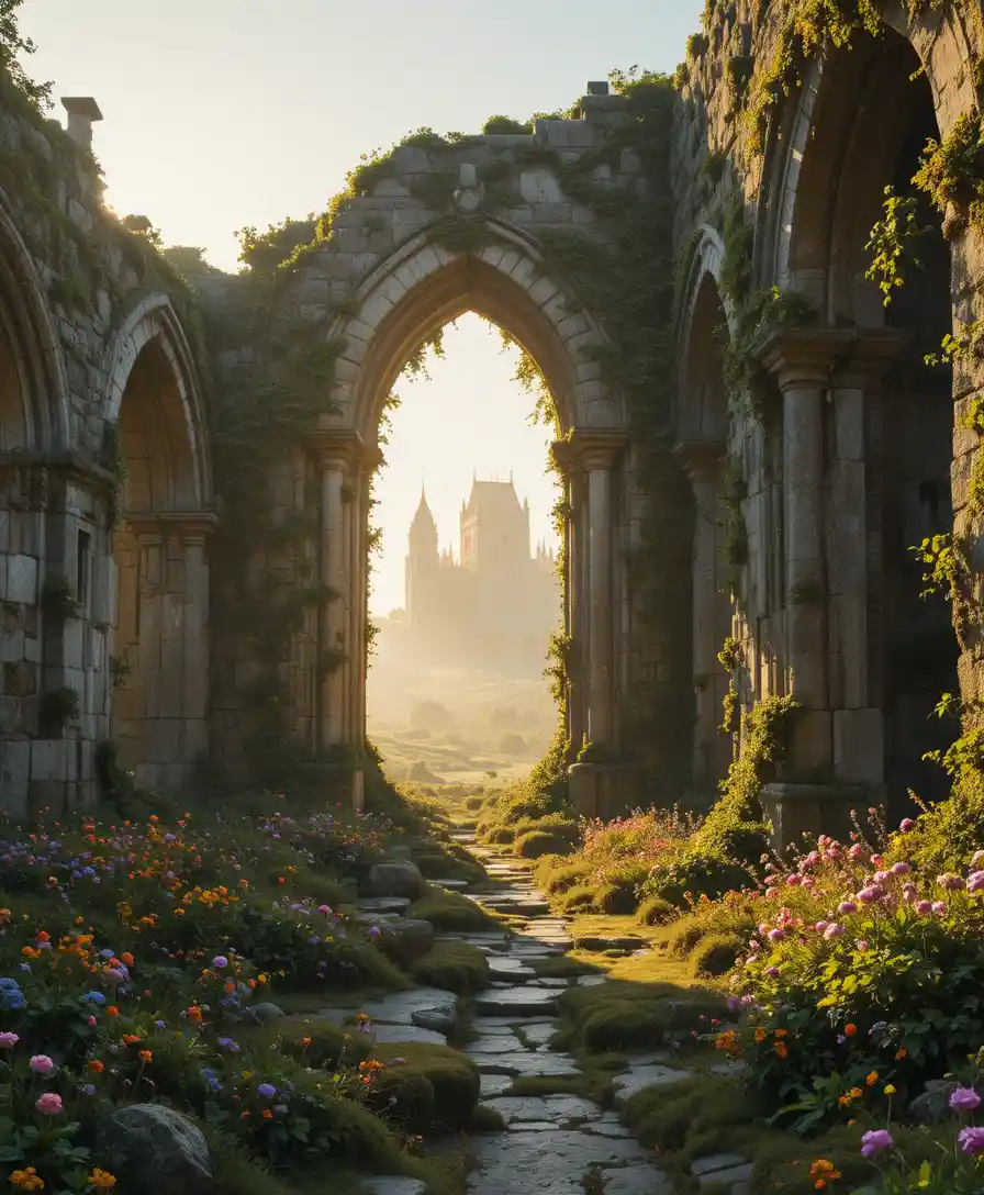 Ancient stone ruins with ivy in warm cinematic sunlight