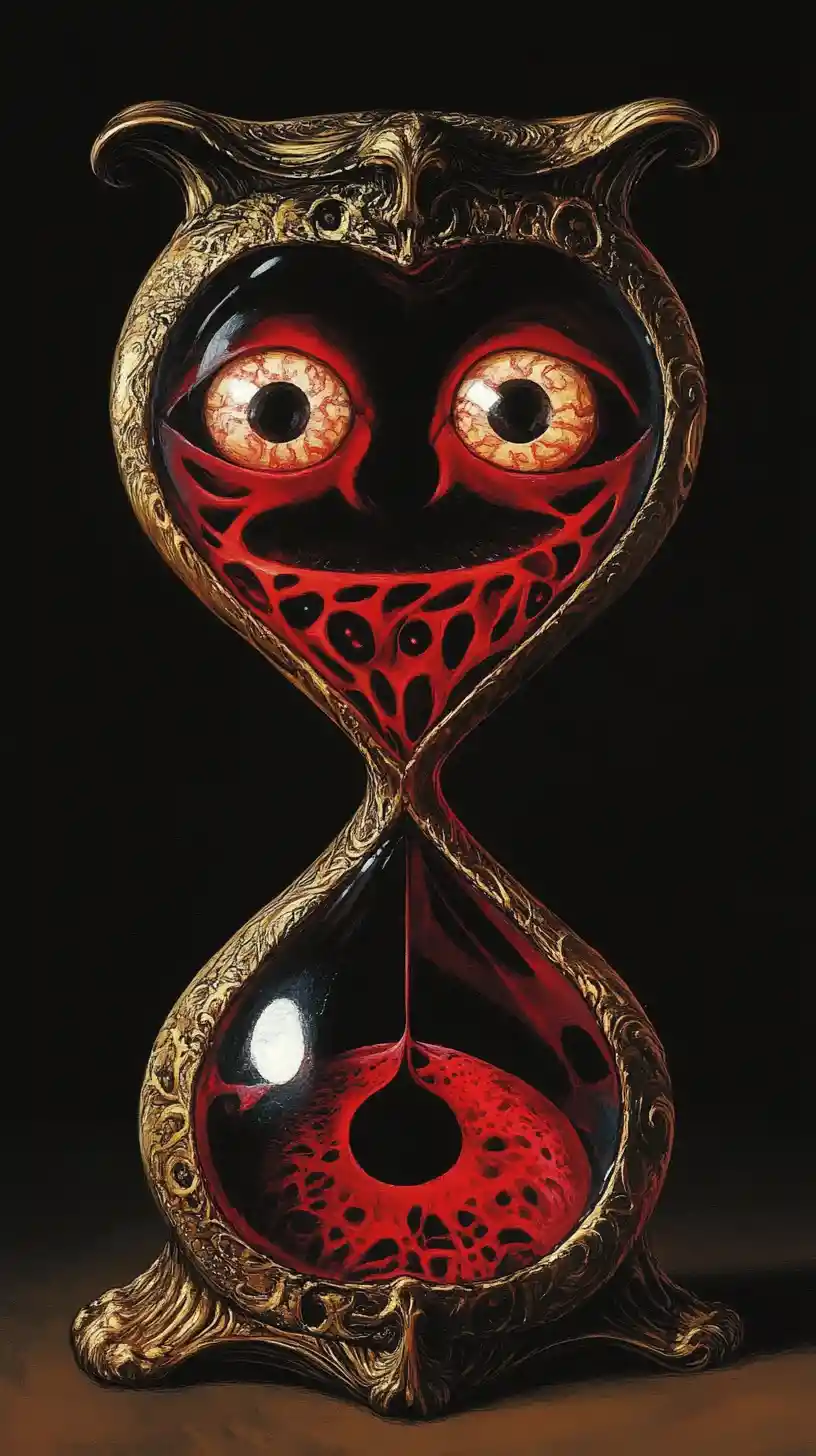 Surreal hourglass rising from a dark twisted realm