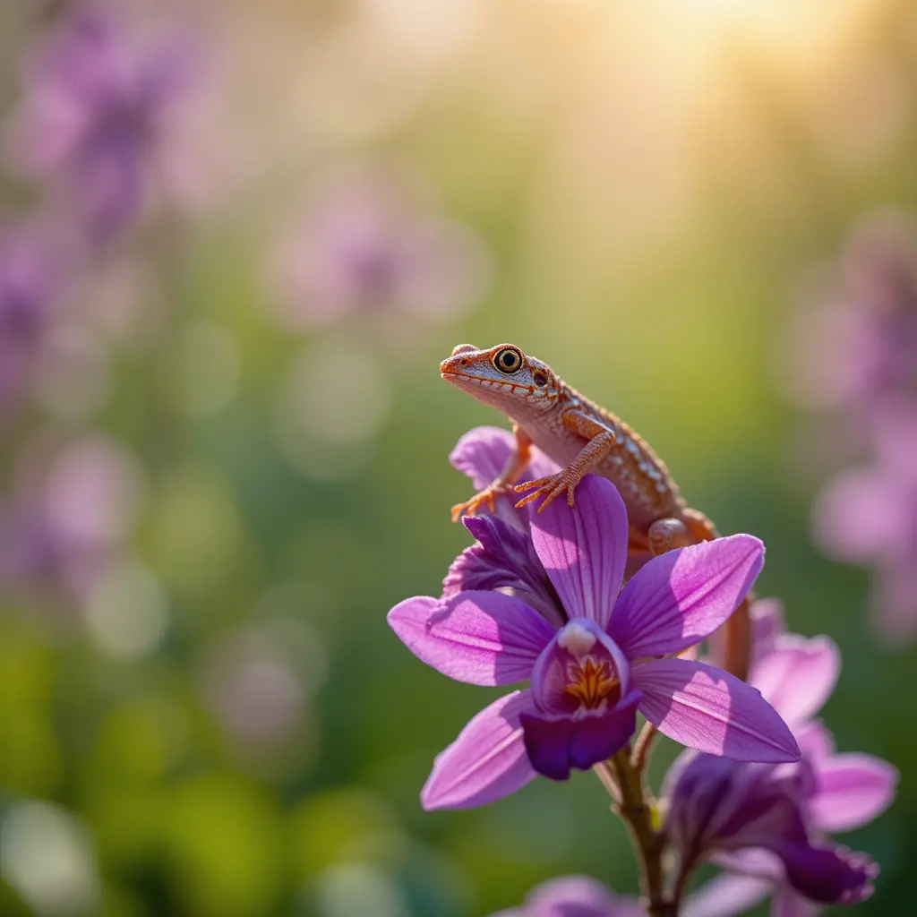 Gecko Resting On Orchid In Bright Summer Field