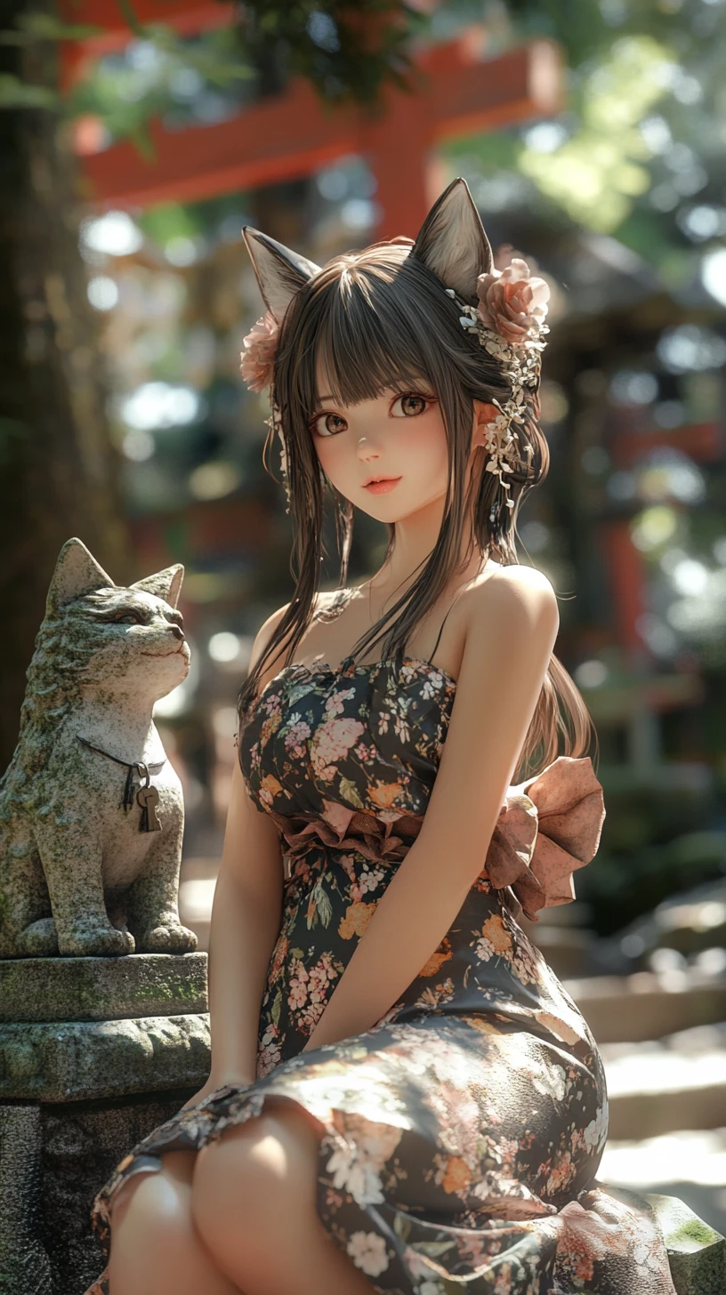 Elegante chica japonesa posando frente a estatua de zorro y santuario