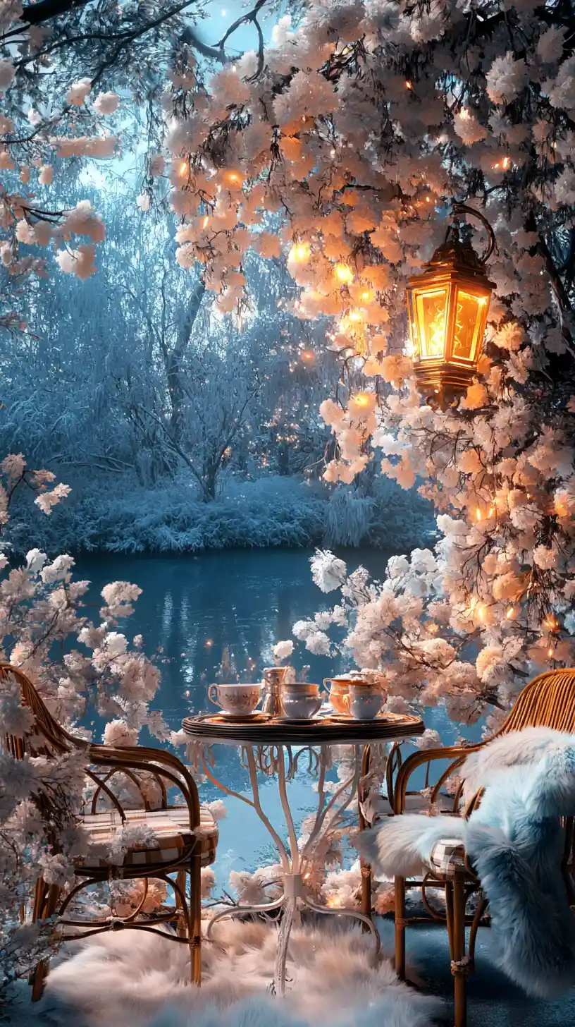 Balcone rococò con fiori all’alba su un lago ghiacciato