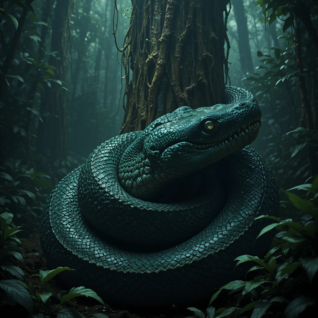 Giant anaconda coiled around a tree in dark rainforest
