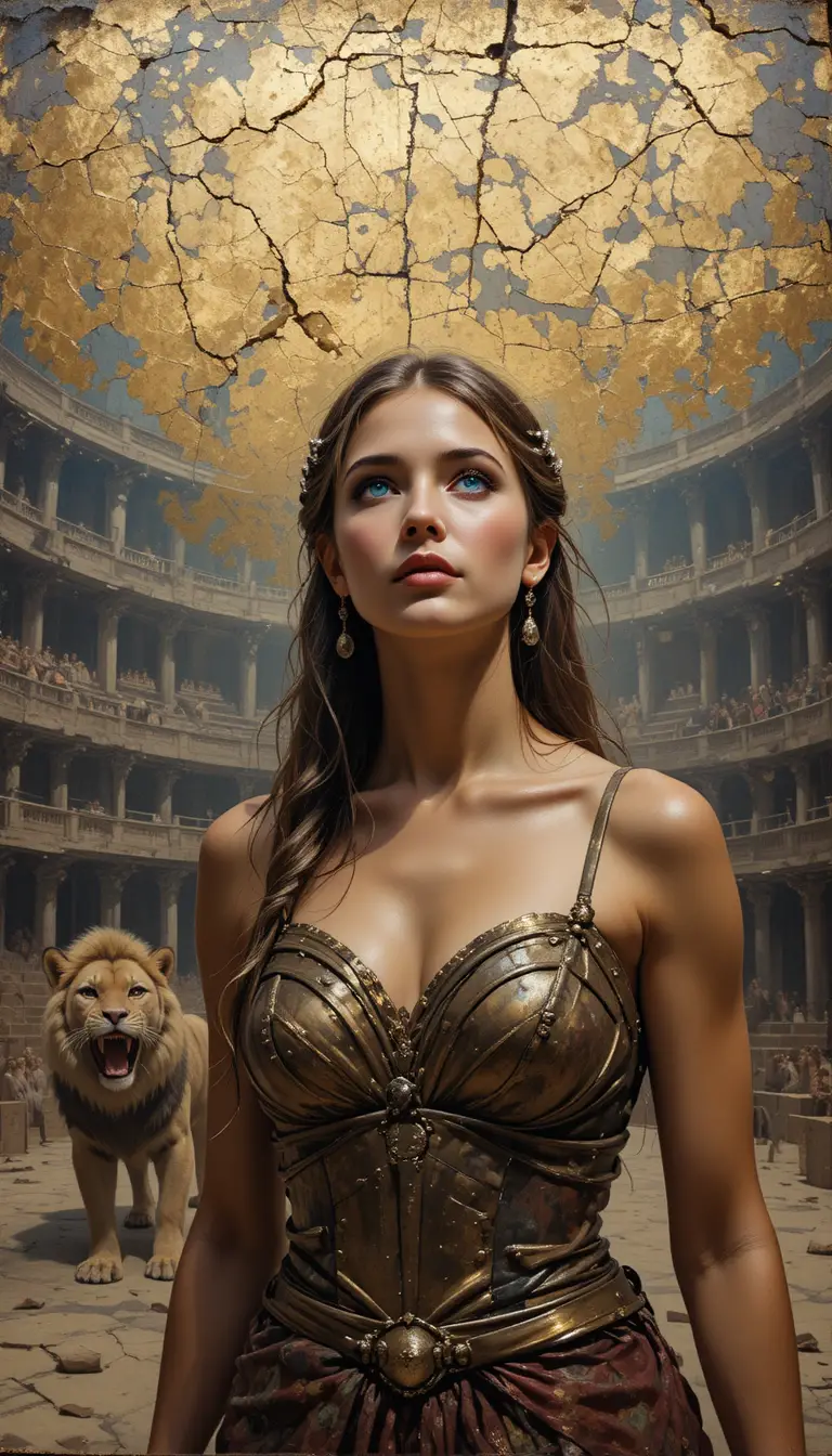 Retrato de joven gladiadora en una arena antigua