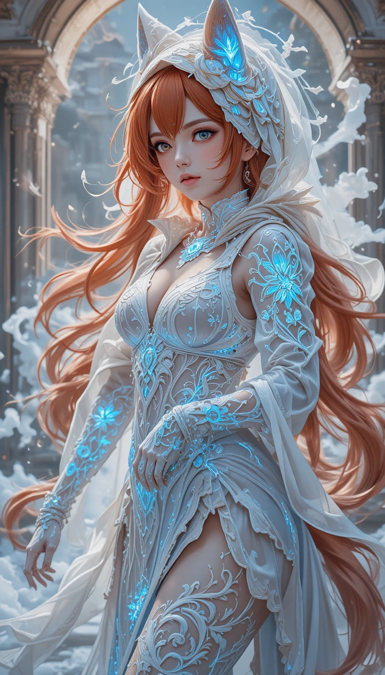 Hooded anime warrior woman in glowing white palace