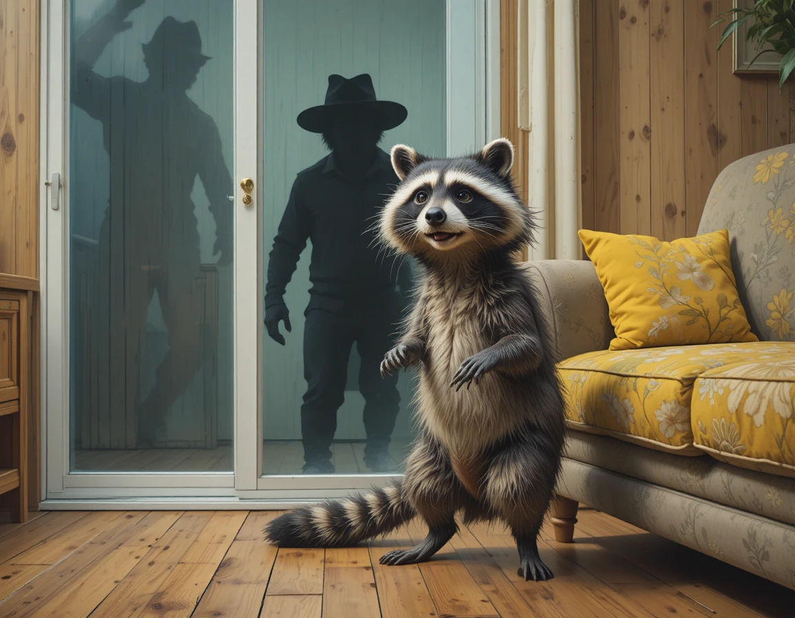 Mapache en Suelo de Madera Frente a Sombra en Puertas de Cristal