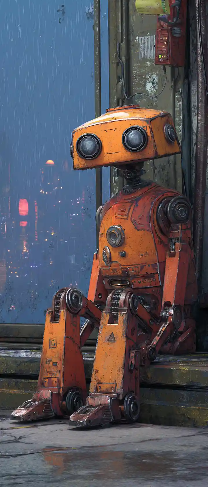 Sad robot sitting in a bleak industrial interior