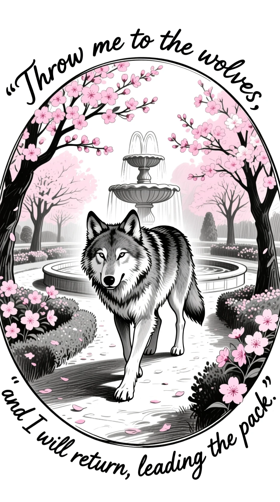 Lobo majestoso caminhando por um jardim de flores de cerejeira