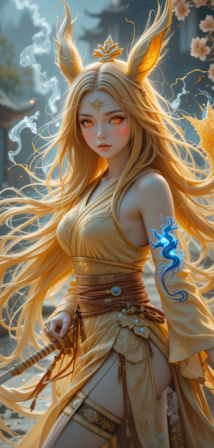 Mythic warrior woman before a glowing white fantasy palace