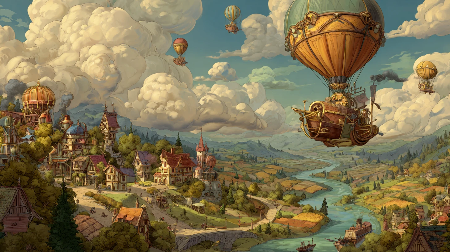 Verspielte Steampunk-Stadt in einem sonnenbeschienenen grünen Tal