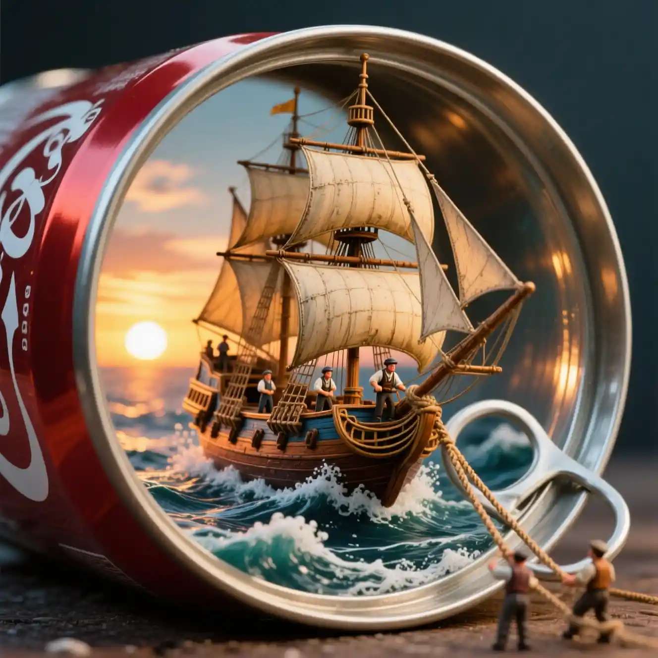 Maestosa nave a vela che fluttua dentro di una lattina di soda d’epoca