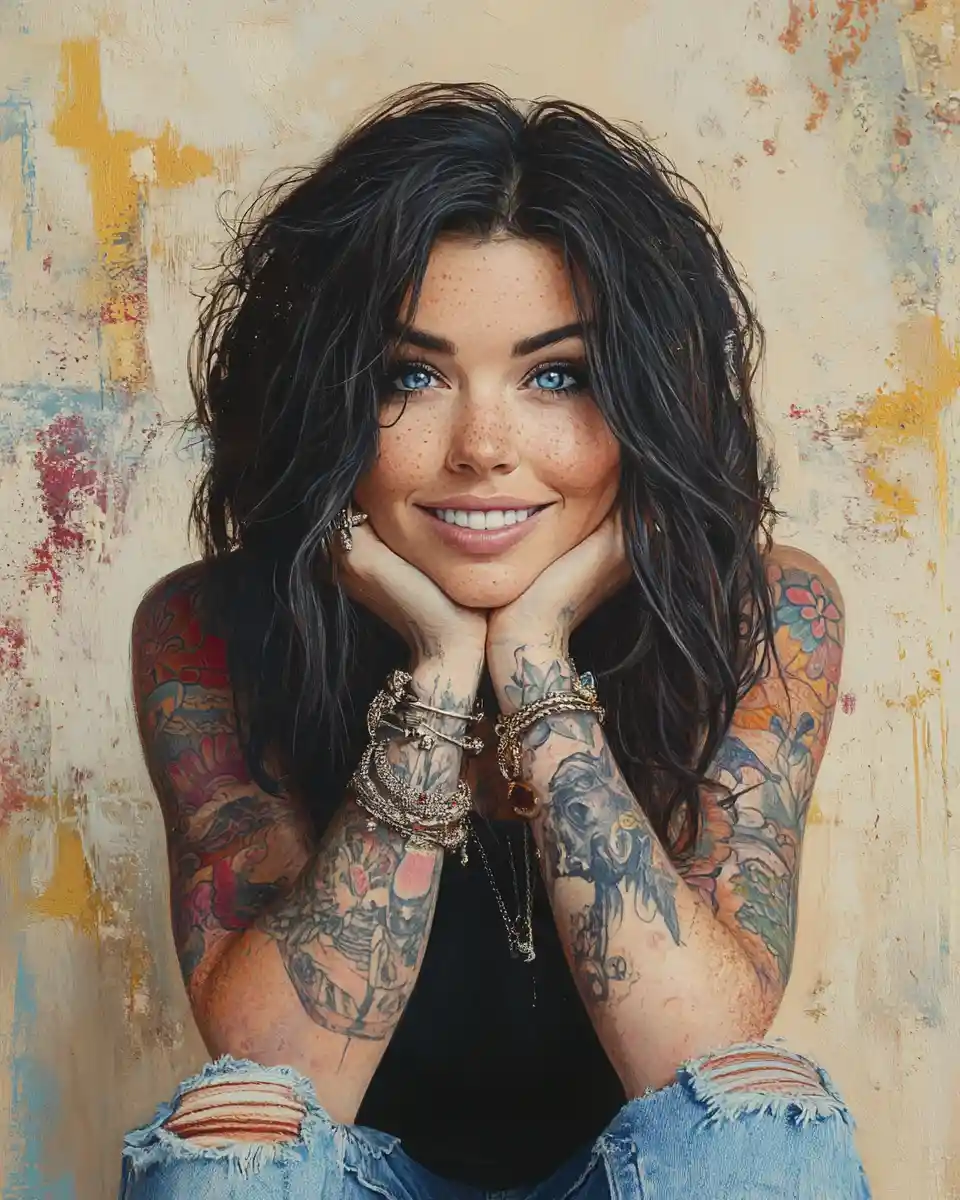 Tattooed woman resting her chin in a colorful urban portrait