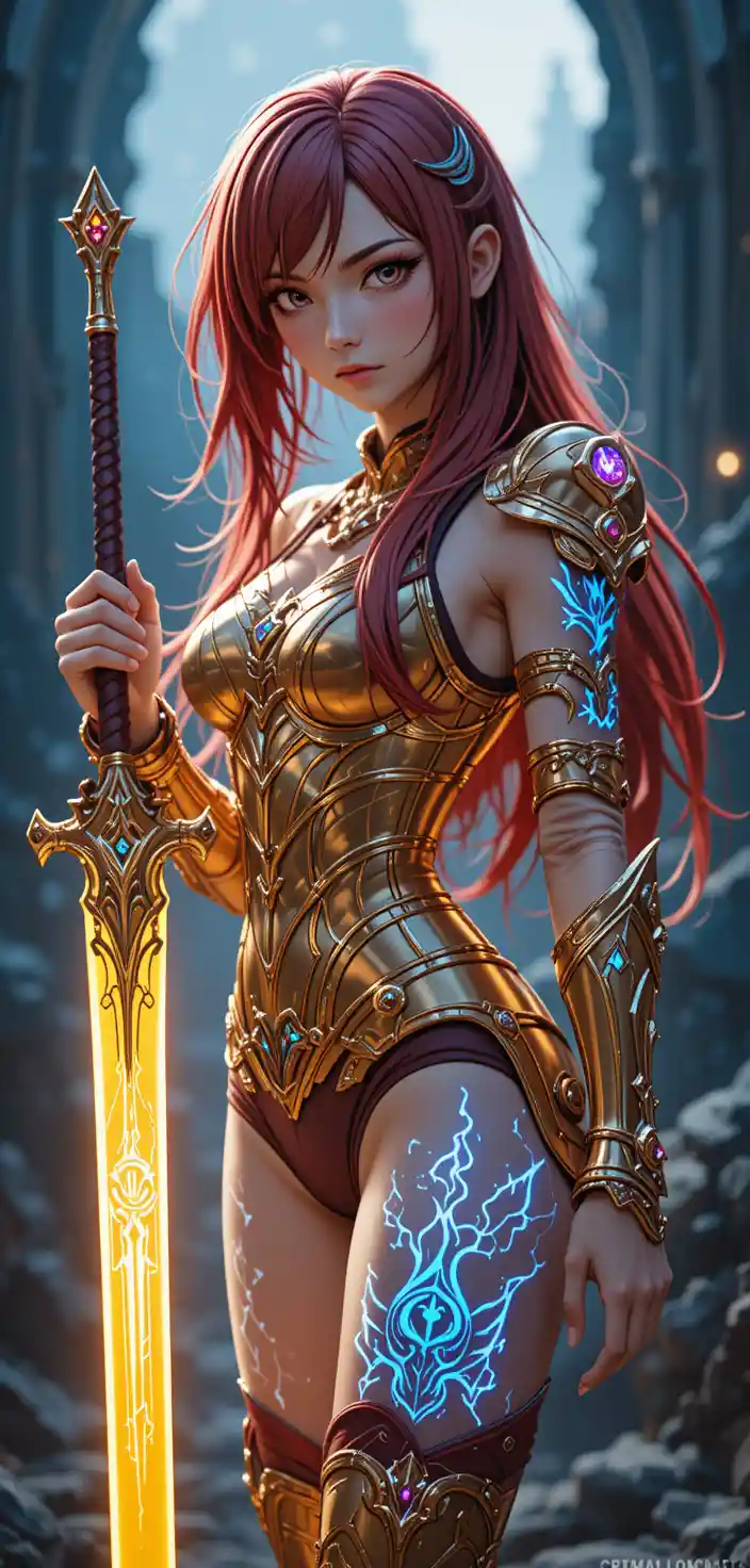 Anime warrior woman with flaming armor and greatsword