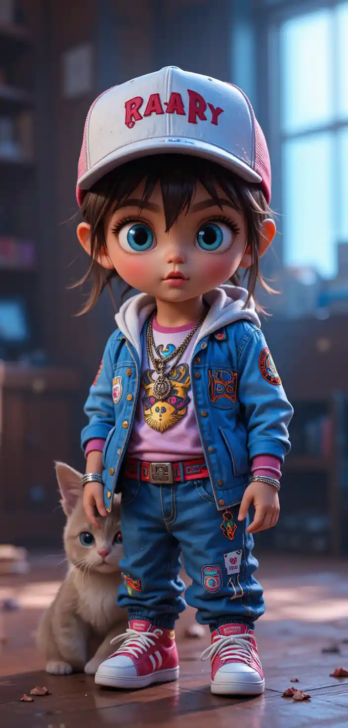 Ritratto in stile Pixar di una bambina in outfit da rapper