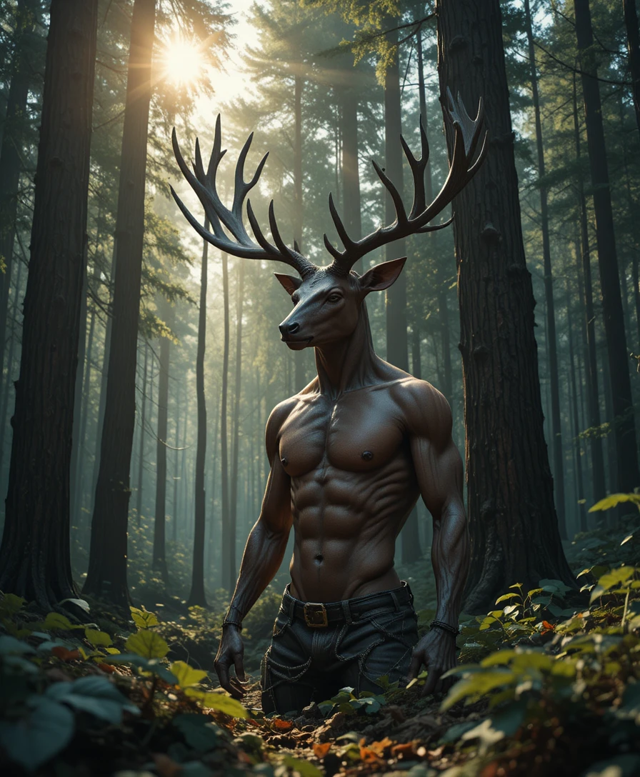 Muscular Anthropomorphic Deer Relaxing In A Sunlit Forest