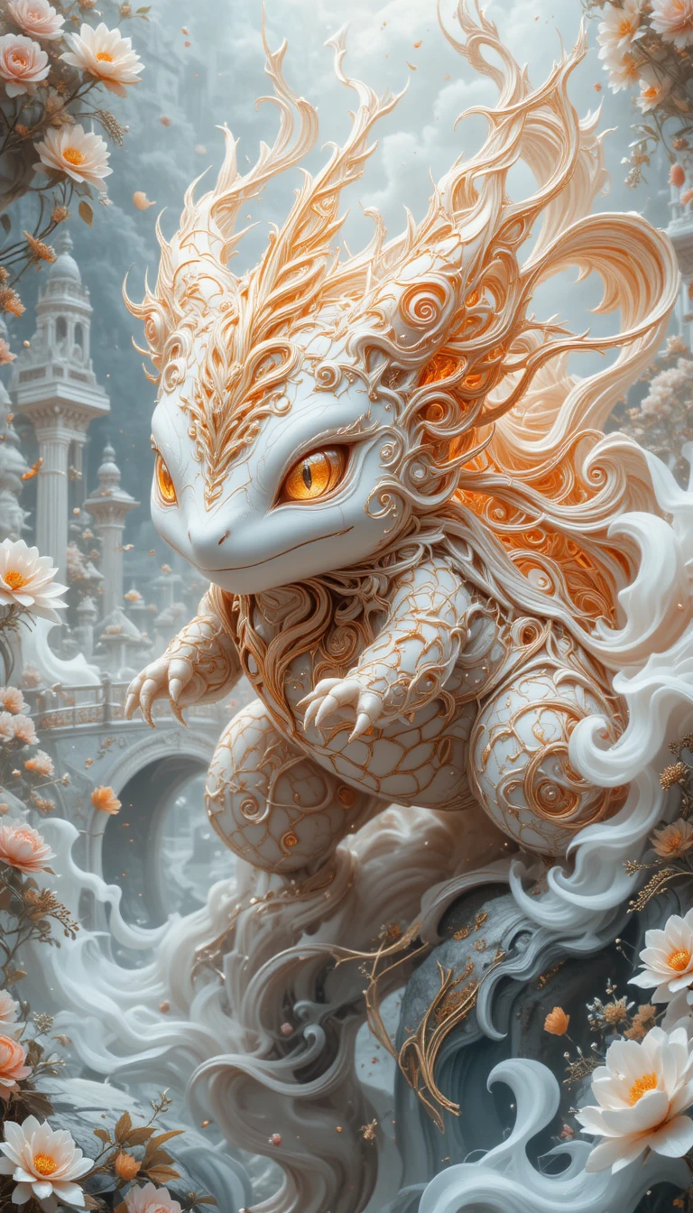 Elegant mythical creature by a white fantasy palace