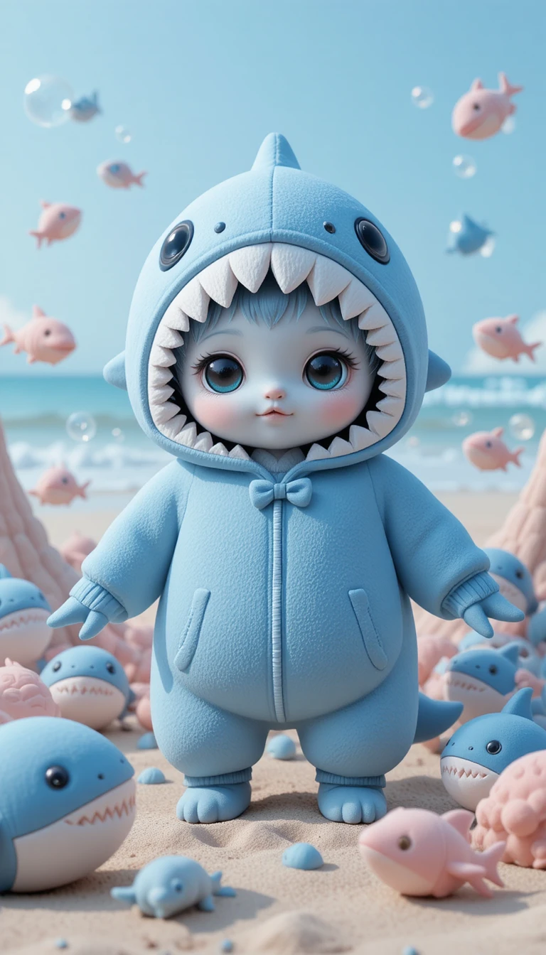Gatinho 3D fofo com moletom de tubarão em uma praia macia