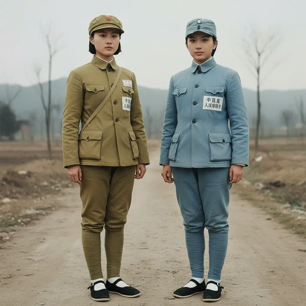Junge chinesische Soldatinnen in Kriegsuniformen stehen gemeinsam