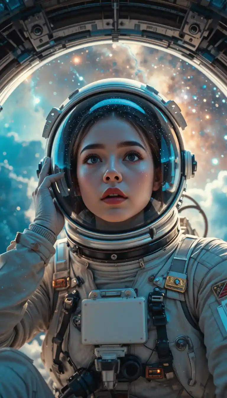 Female astronaut gazing at nebula through spacecraft hatch