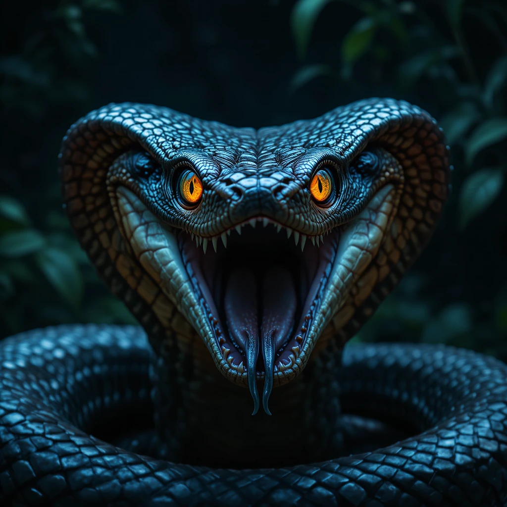 Cinematic low angle portrait of a cobra in jungle darkness