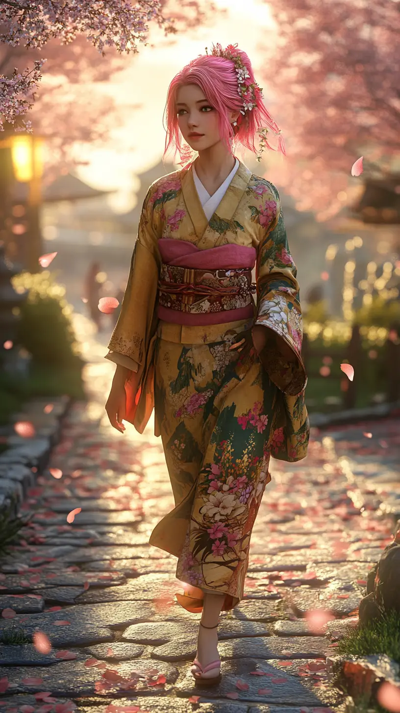 寧靜日式庭園中的粉紅頭髮和服少女