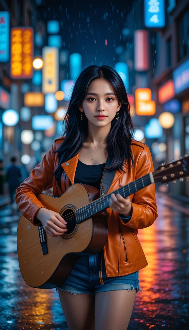 Jovem tocando violão em rua urbana iluminada por neon