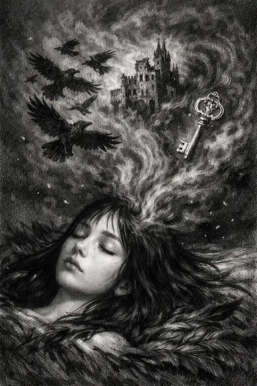 Sleeping girl on black feathers with swirling charcoal dreams