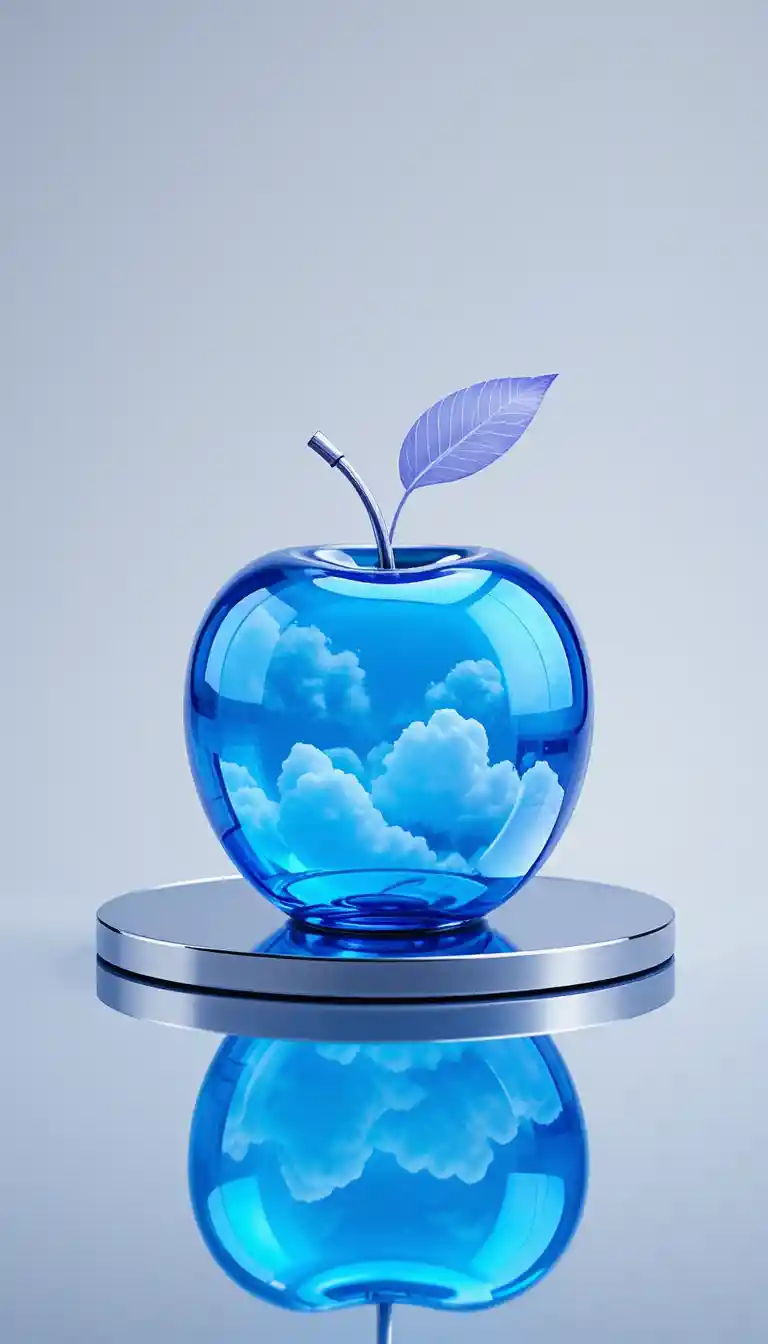 구름이 담긴 파란 유리 사과와 반사되는 금속 테이블