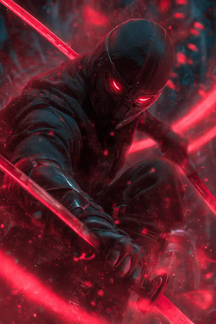 Cursed assassin with demon spirit in hellish ruins