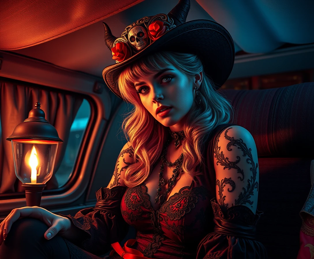 Surreal portrait of a woman inside a cozy caravan