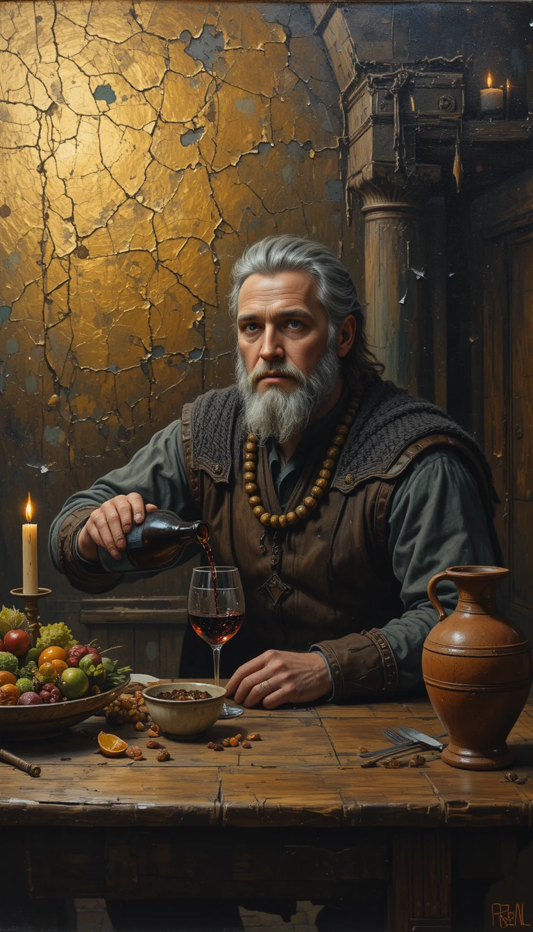 Homme avec du vin à une table en bois dans une taverne médiévale