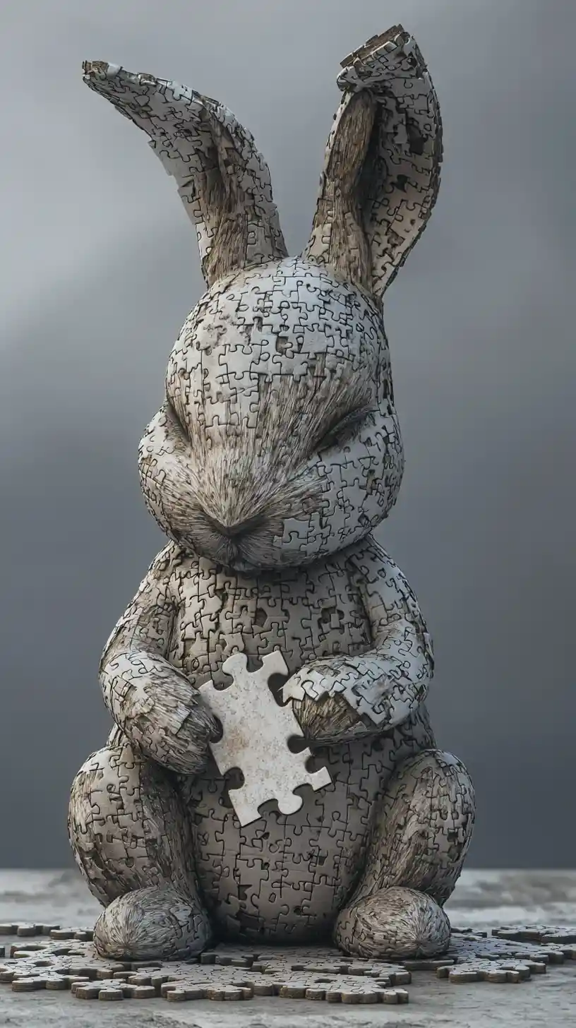 Sad puzzle piece rabbit sculpture holding a missing part