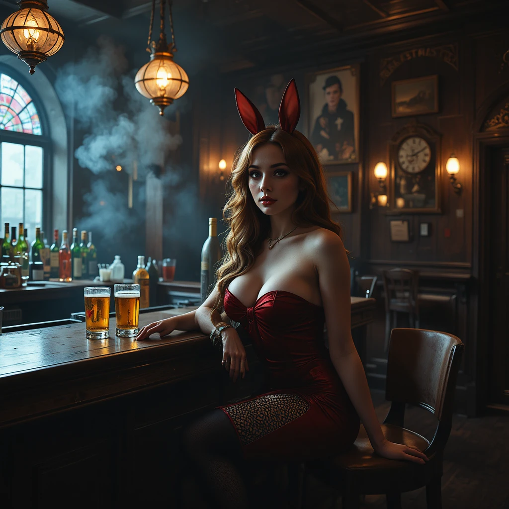 Glamouröse Frau an einer verrauchten Vintage‑Bar