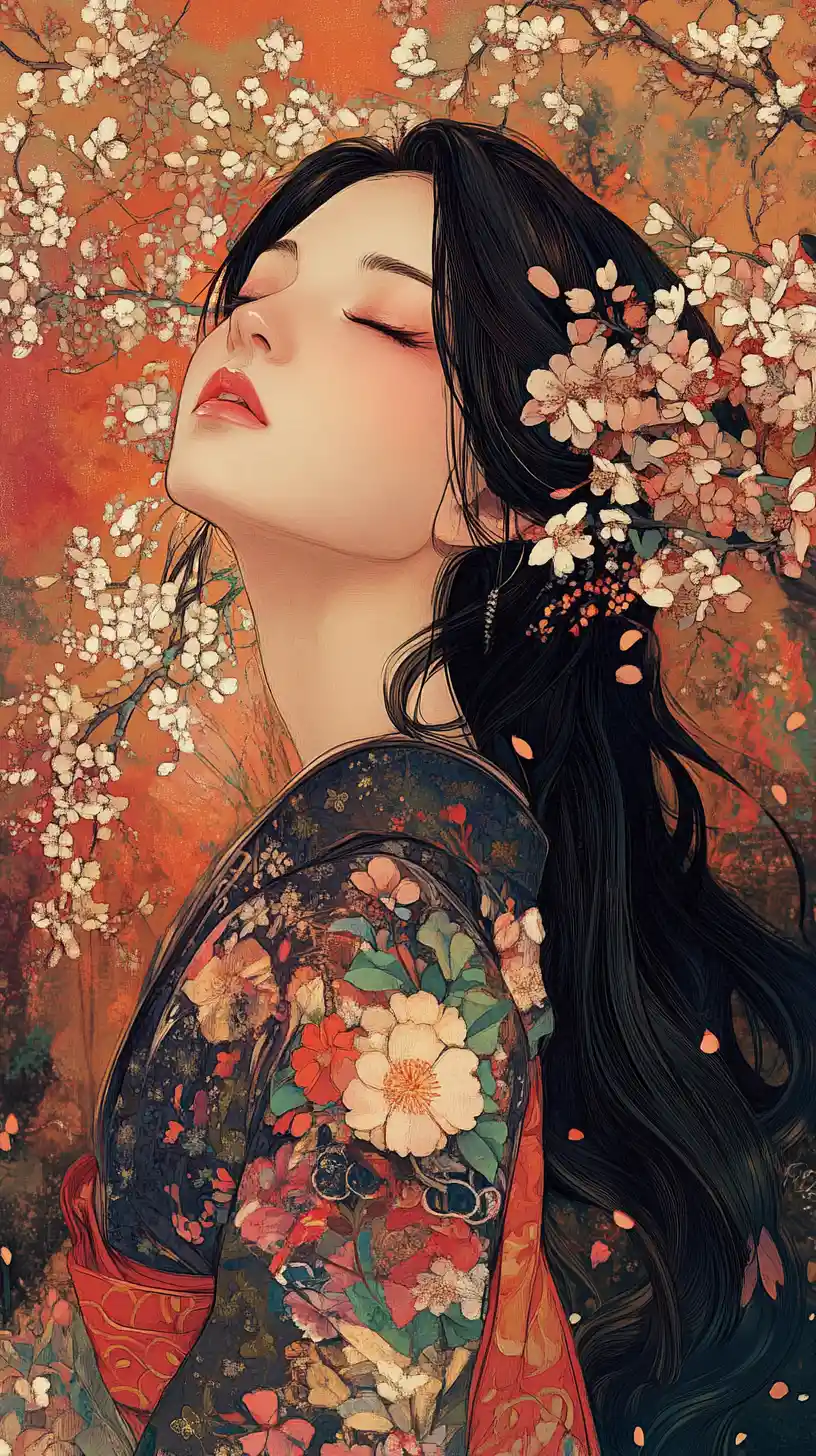 盛開花海中身著花卉和服的優雅日本女子