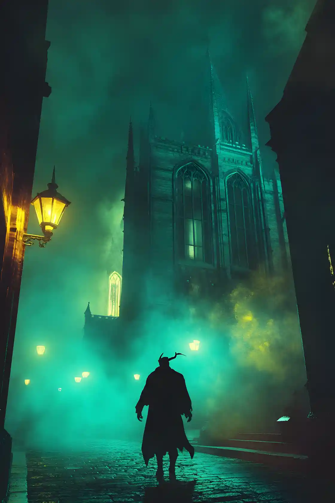 Dunkler Geist fliegt nachts in unheimlichem Nebel an Kirche vorbei
